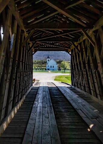 Image of White Goddard Covered Bridge & Church by Tonia Witt from Mt. Sterling
